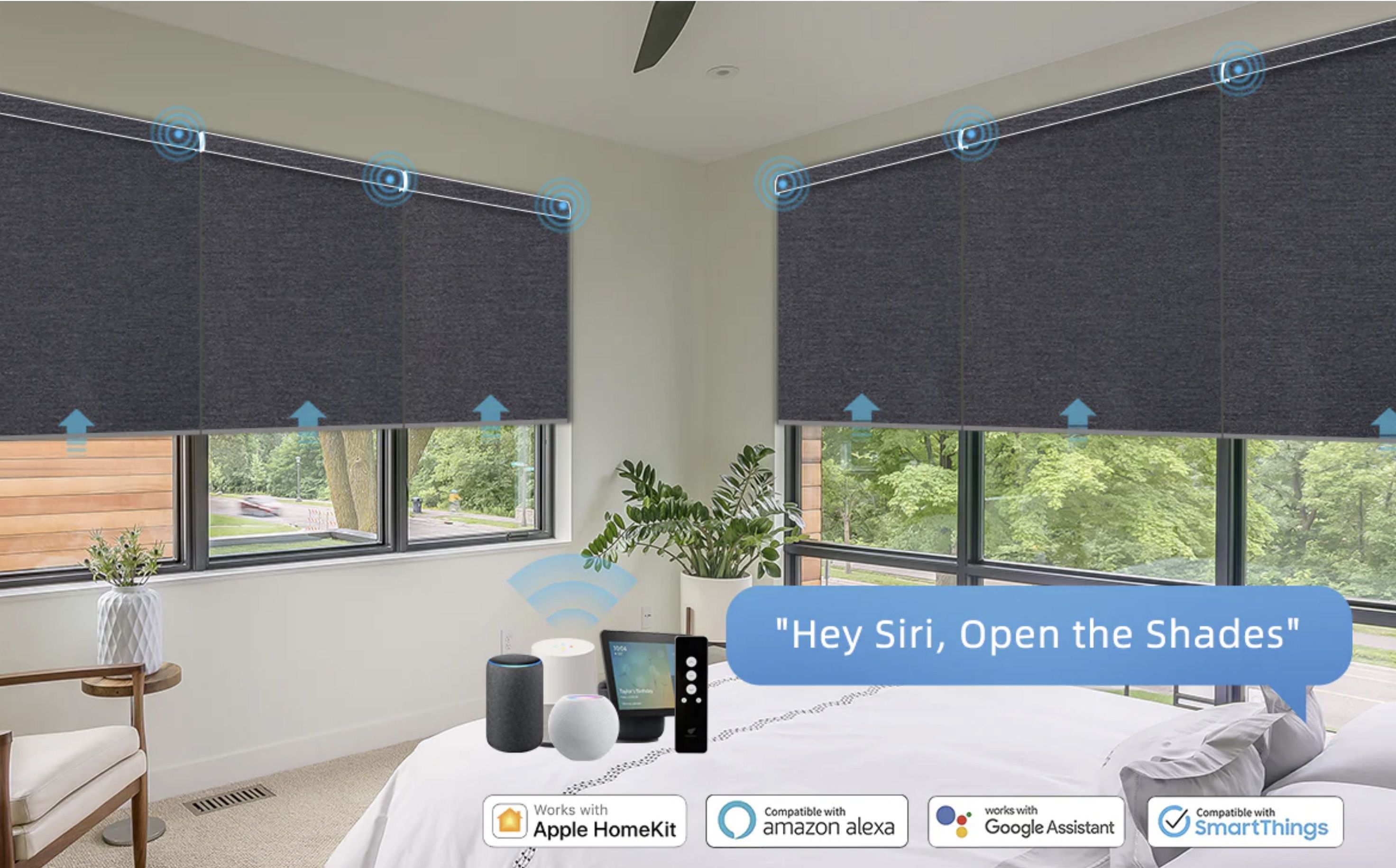 a bedroom with a white bed, large windows, and gray smart window blinds moving up