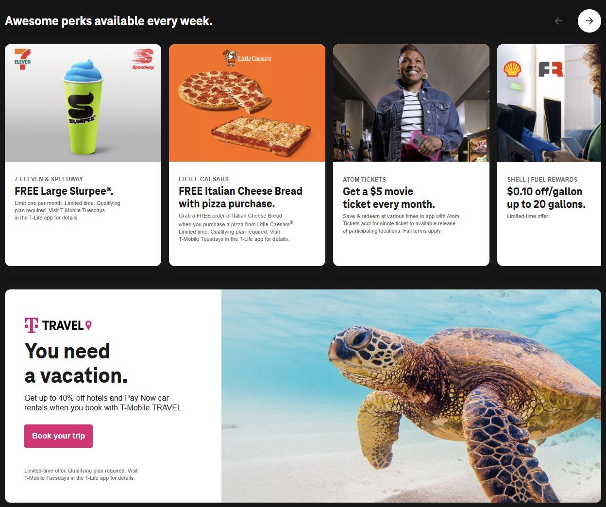 Screenshot of the T-Mobile website showing T-Mobile Tuesday perks