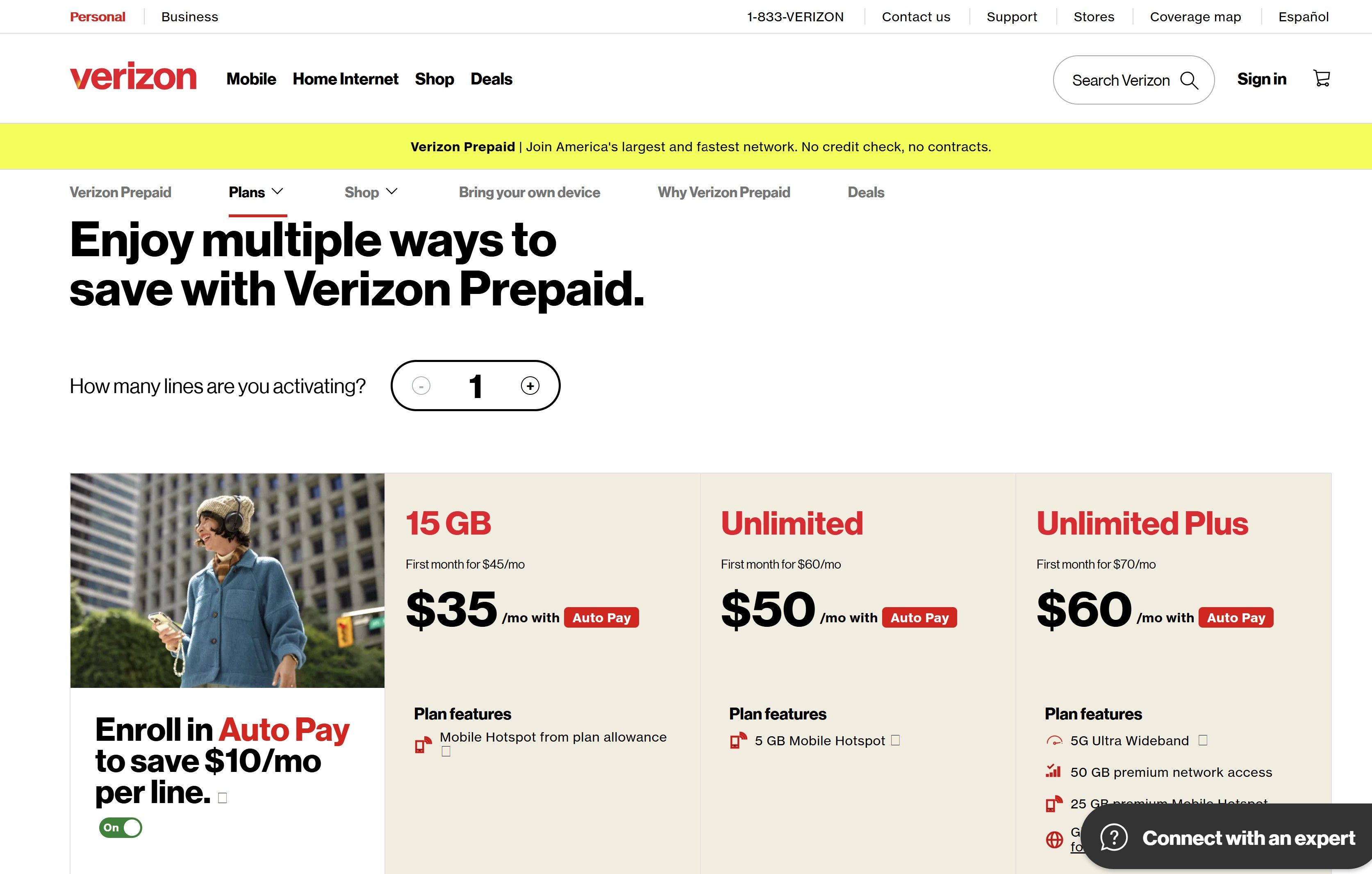 a screenshot of the verizon prepaid plans webpage