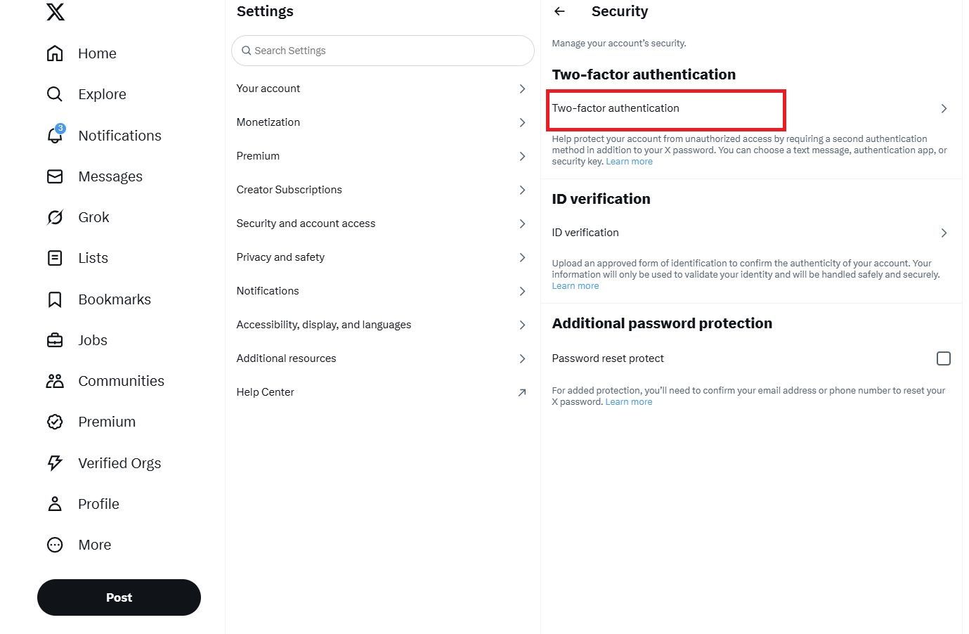 Screenshot highlighting Two-factor authentication on the X (FKA Twitter) website