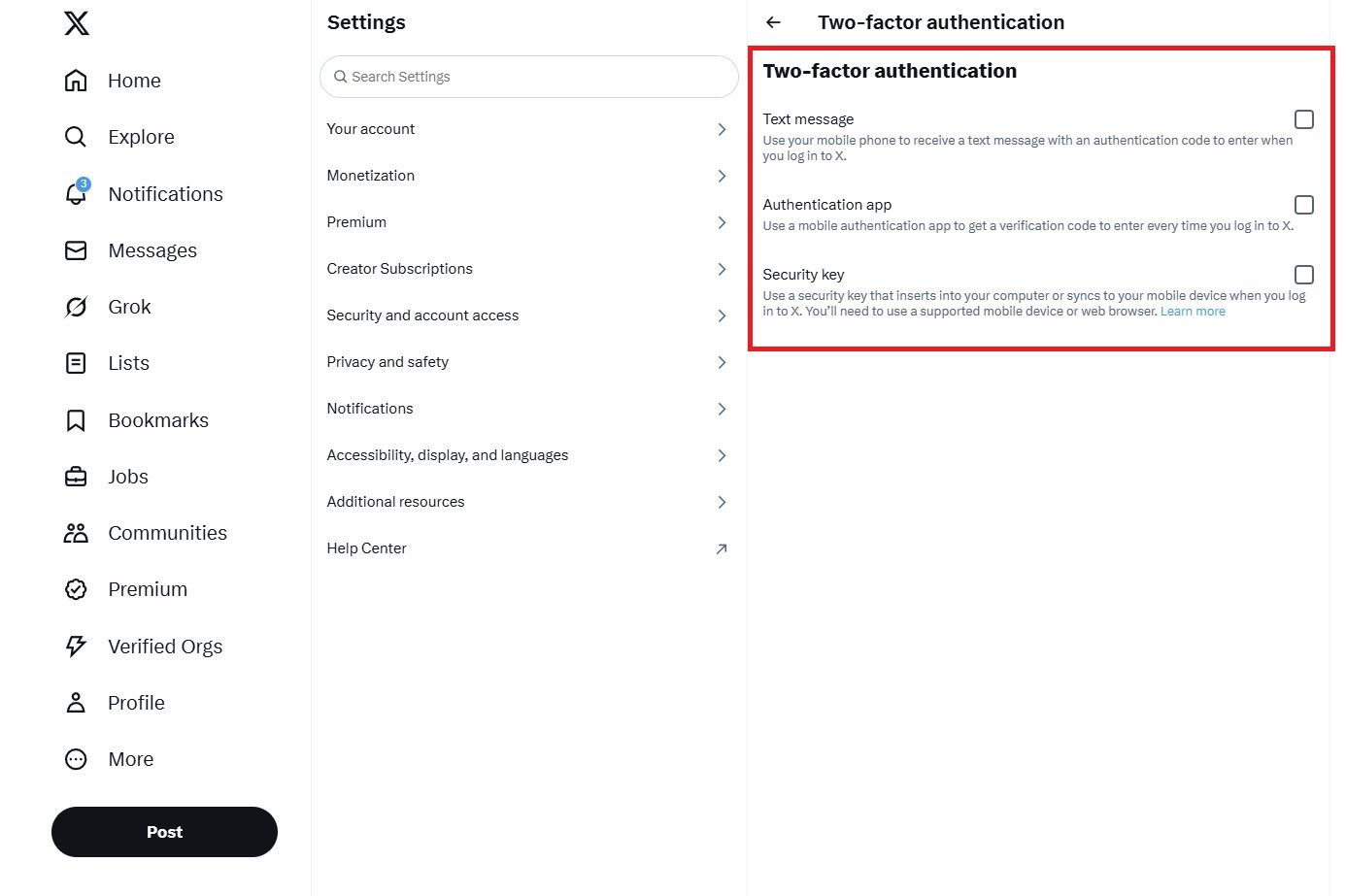 Screenshot highlighting the two-factor authentication options on the X (FKA Twitter) website