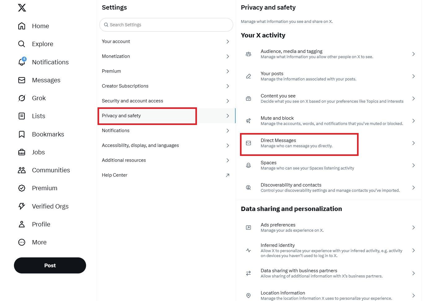 Screenshot highlighting Direct Messages on the X (FKA Twitter) website