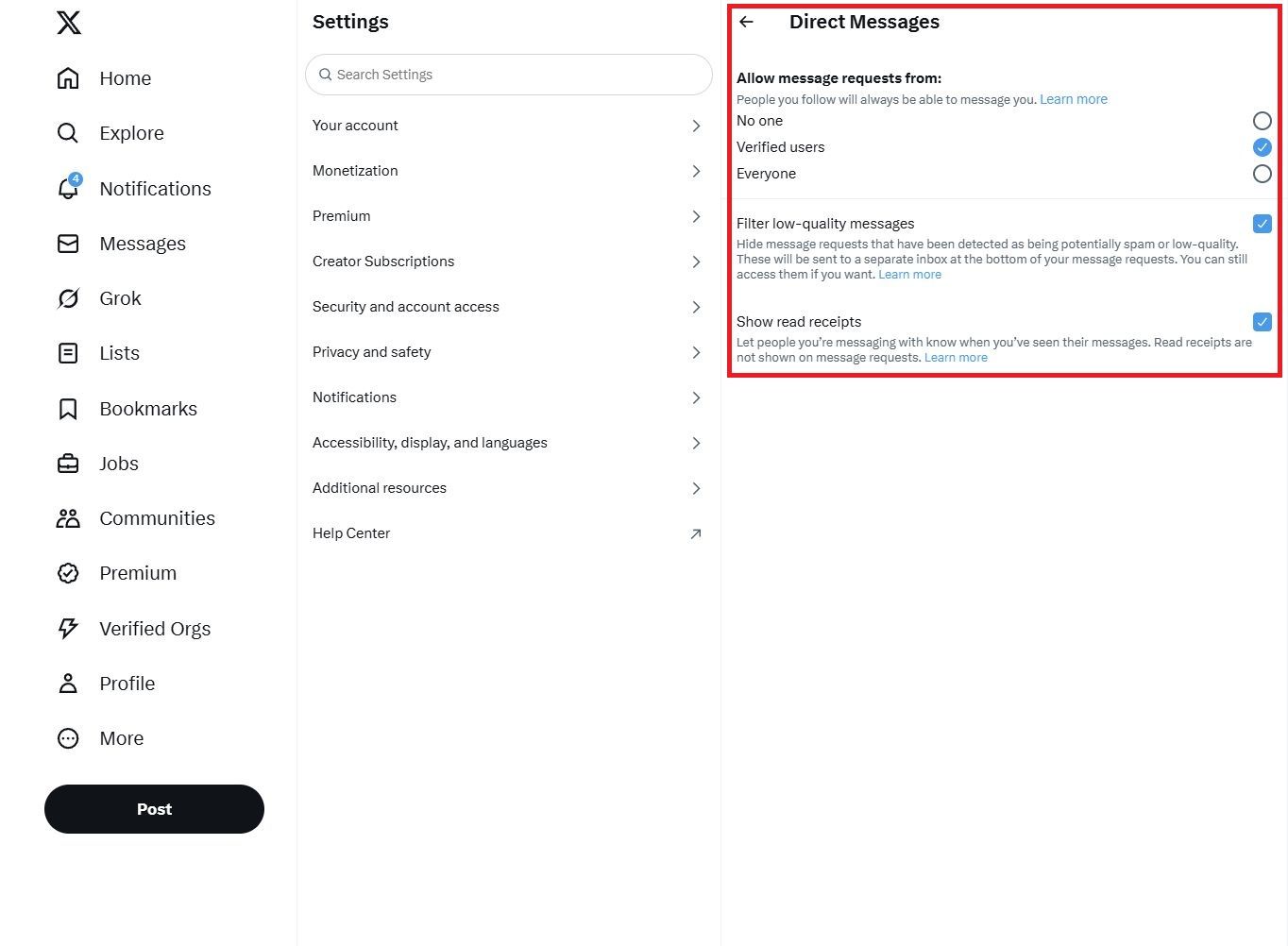 Screenshot highlighting the Direct Messages menu on the X (FKA Twitter) website
