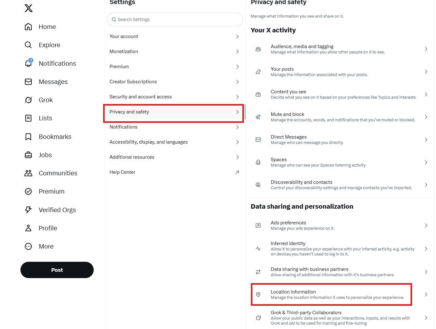Screenshot highlighting Location information on the X (FKA Twitter) website