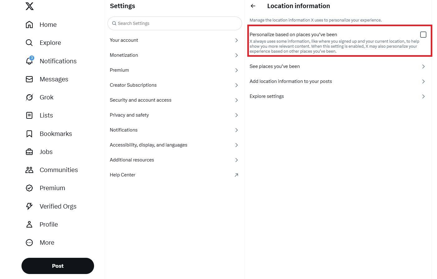 Screenshot highlighting Personalize based on places you've been on the X (FKA Twitter) website