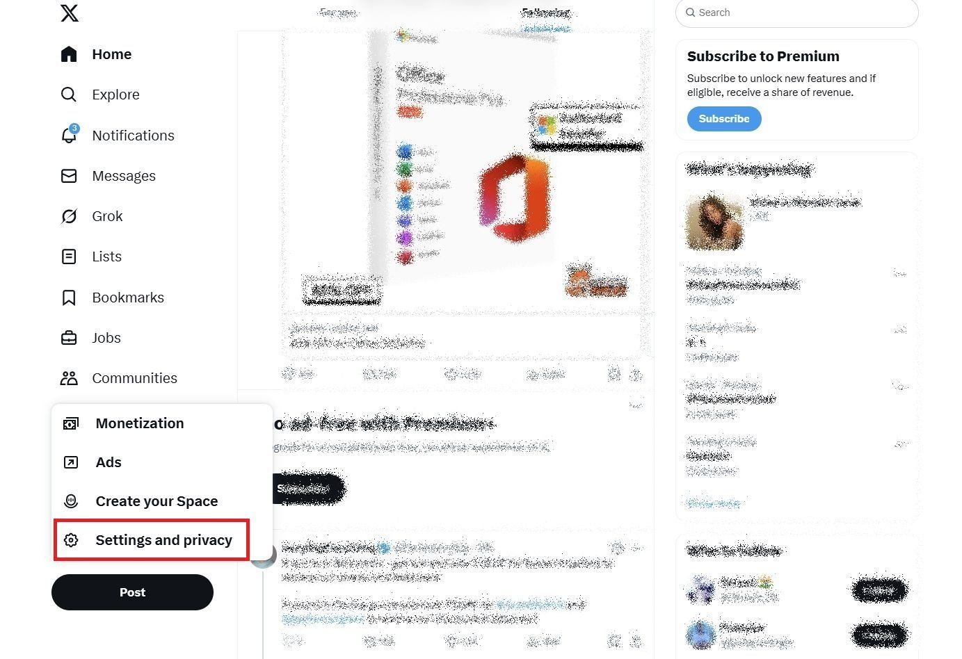 Screenshot highlighting Settings and privacy on the X (FKA Twitter) website