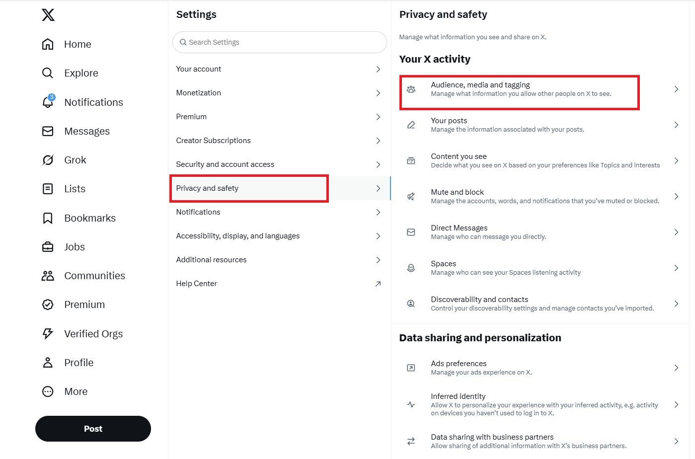 Screenshot highlighting Privacy and security on the X (FKA Twitter) website