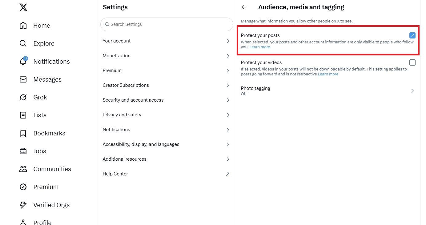 Screenshot highlighting Protect your posts on the X (FKA Twitter) website