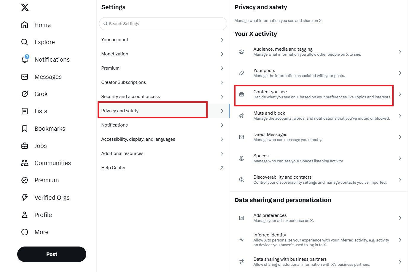 Screenshot highlighting Content you see on the X (FKA Twitter) website