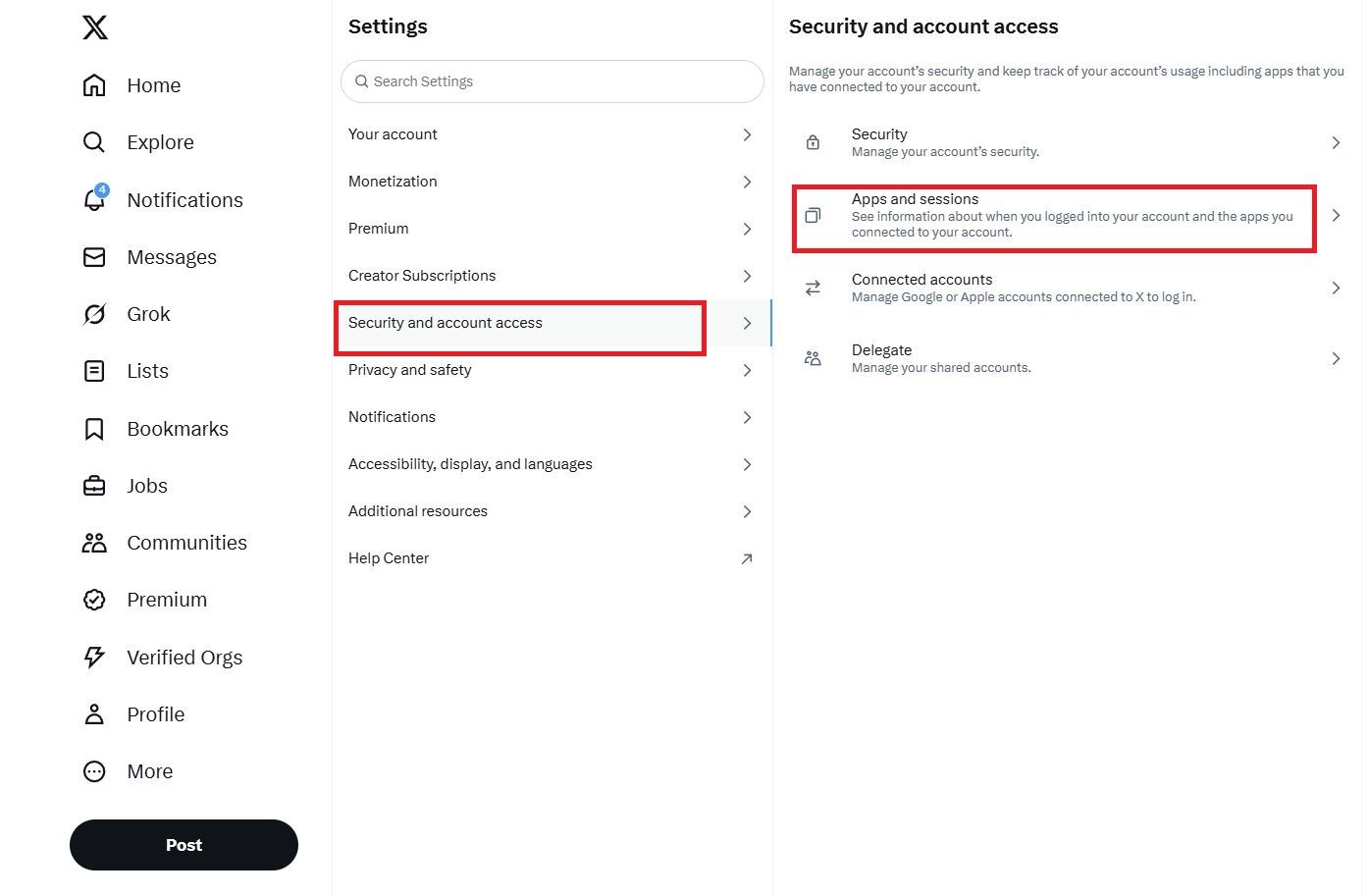 Screenshot highlighting Apps and sessions on the X (FKA Twitter) website