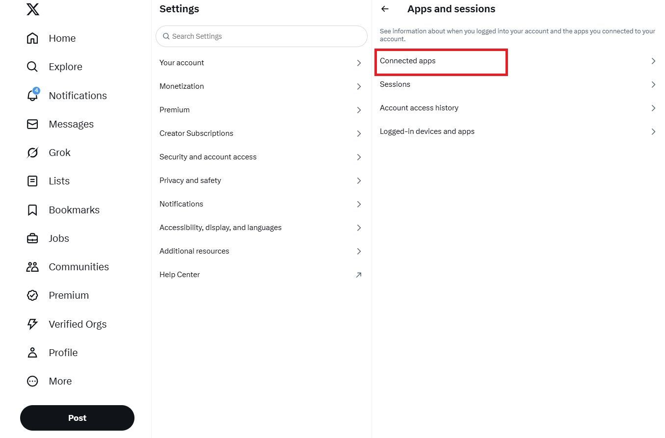 Screenshot highlighting Connected apps on the X (FKA Twitter) website