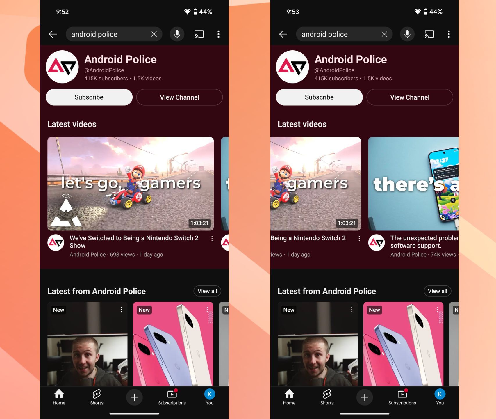 Screenshots highlighting YouTube's new horizontal channel search bar.