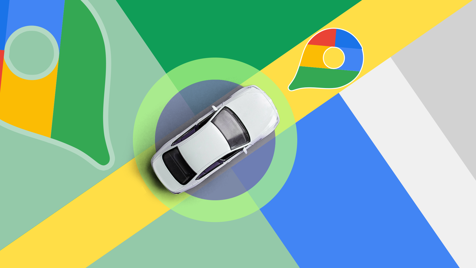 A car on a map seen from above with the Google Maps logo in front.