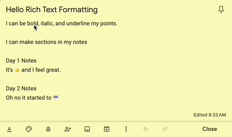 Google Keep - ukazanie formatowania tekstu w wersji na przeglądarkę