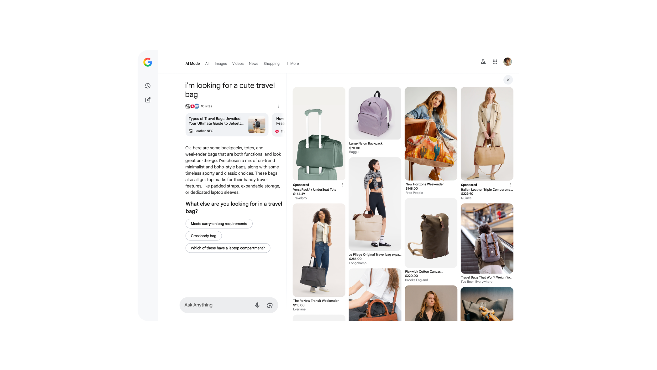 A screenshot of AI Mode's Shopping Features.
