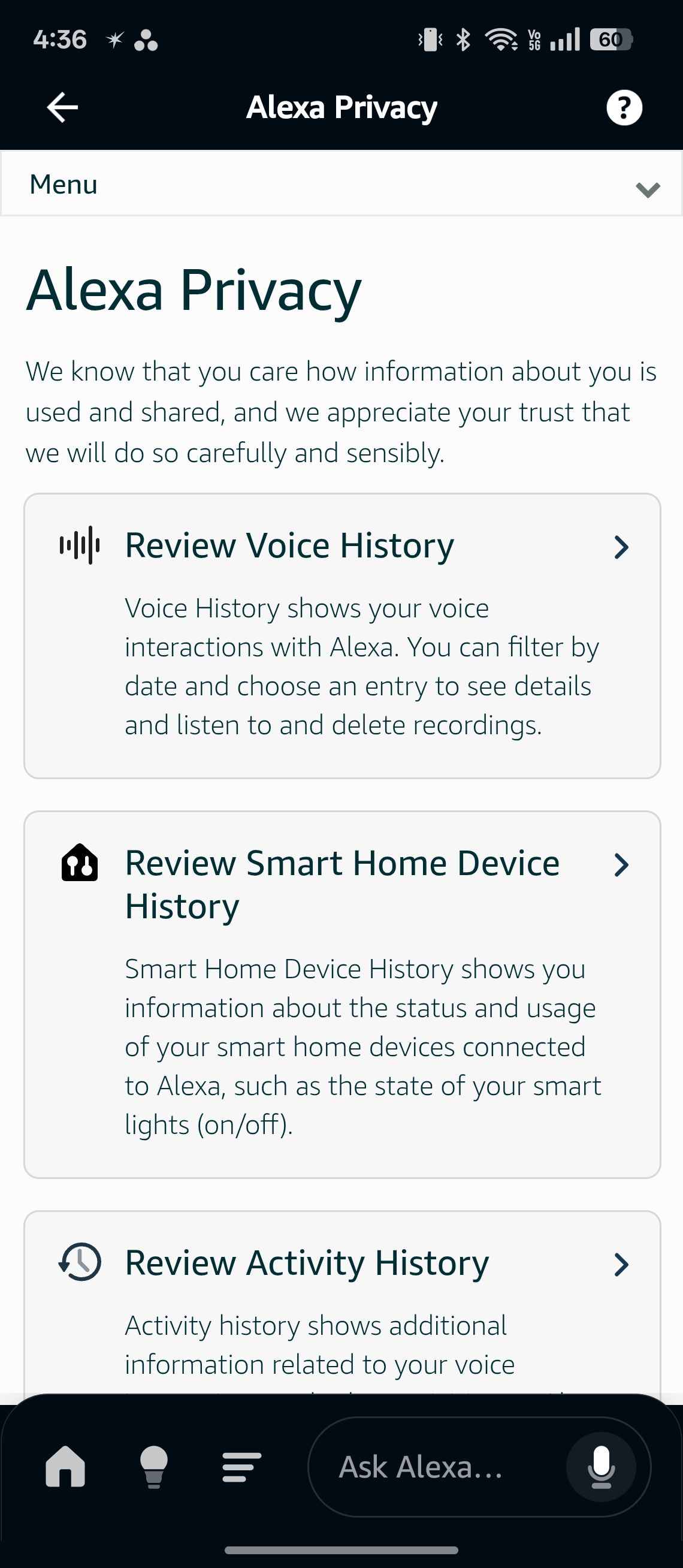 Privacy settings and options in Alexa app for Android
