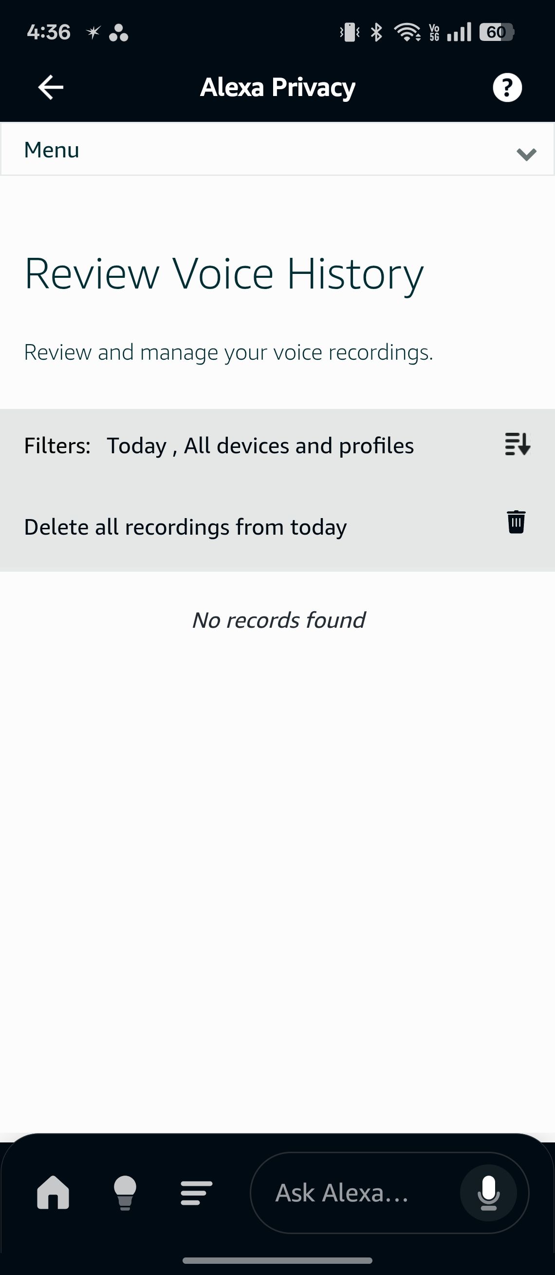 Reivewing voice history in Alexa app for Android