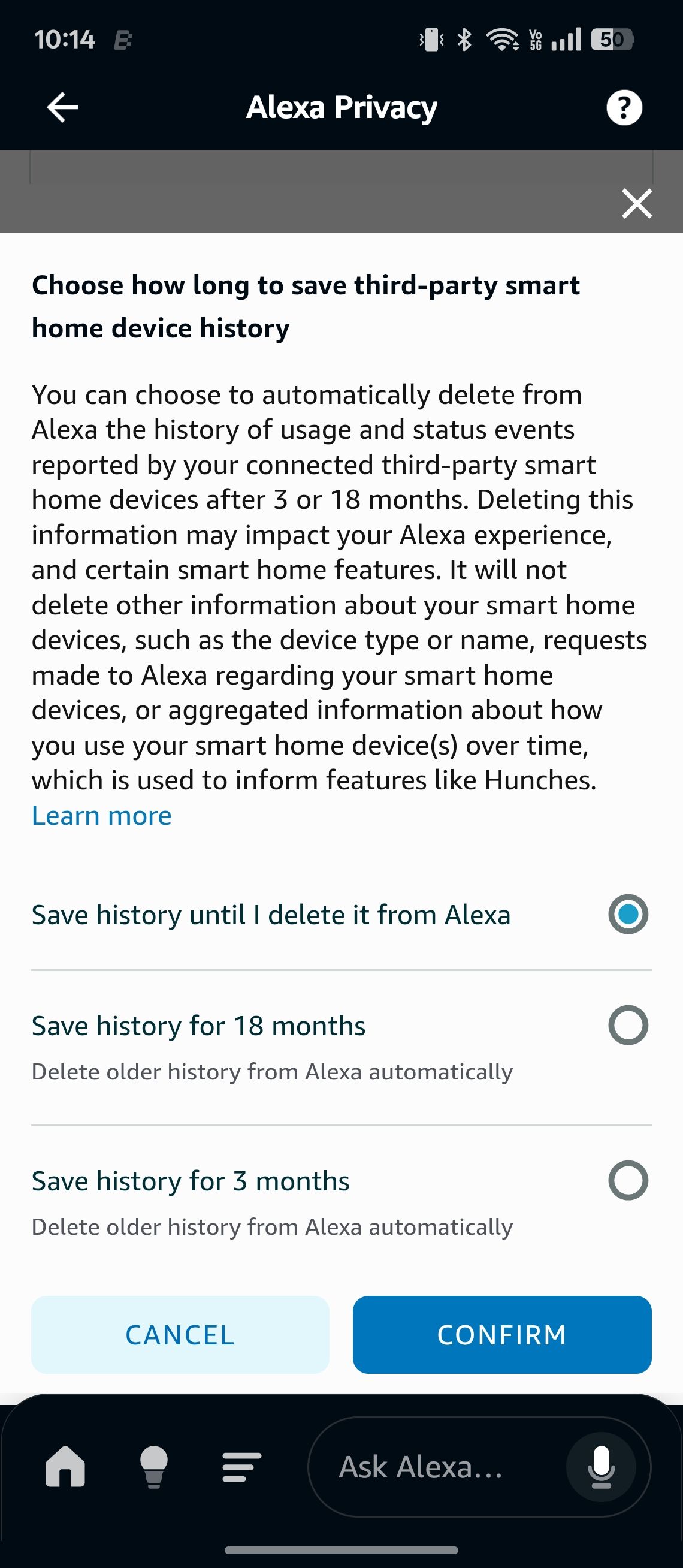 Alexa options to delete smart home history