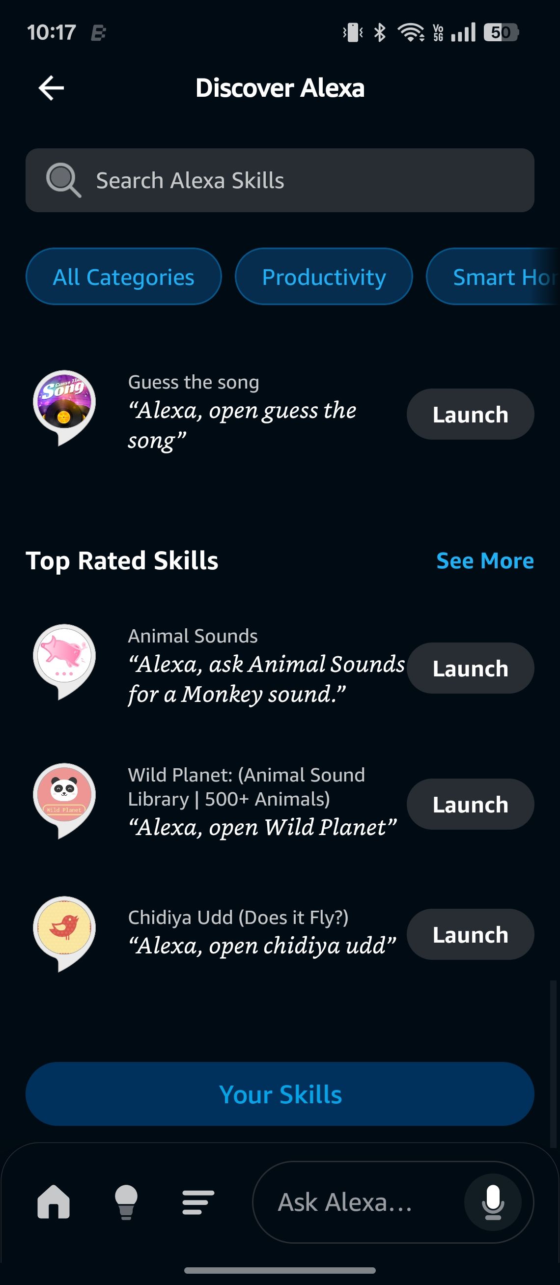 Alexa skills page showing games and top-rated skill options