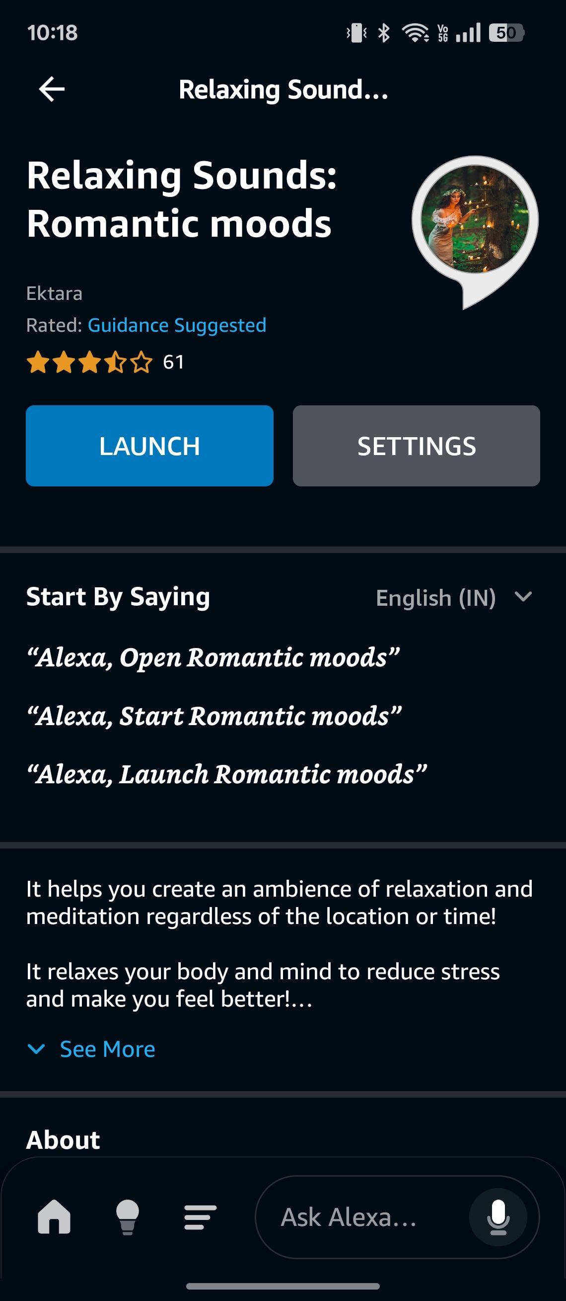 Relaxing Sounds skill overview with launch and settings options