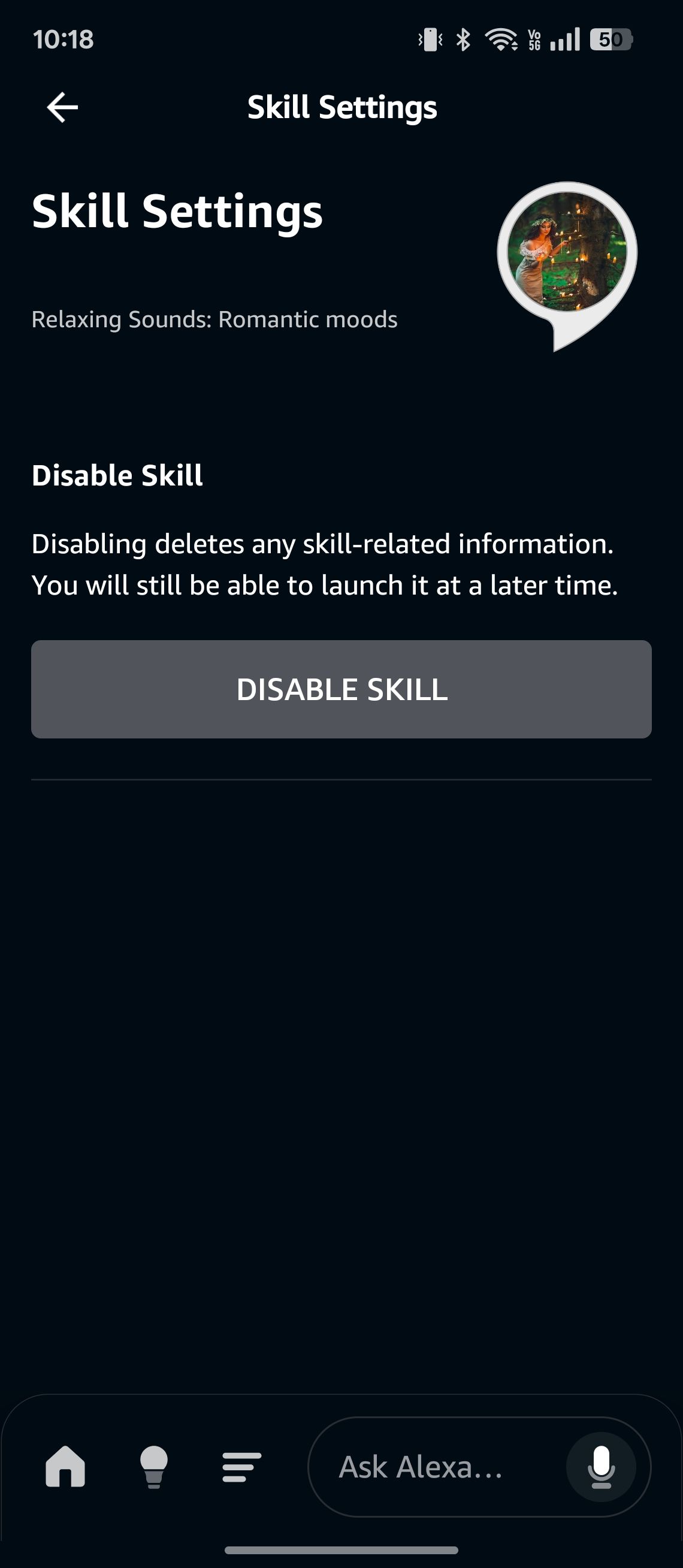 Skill settings page with option to disable Romantic moods skill
