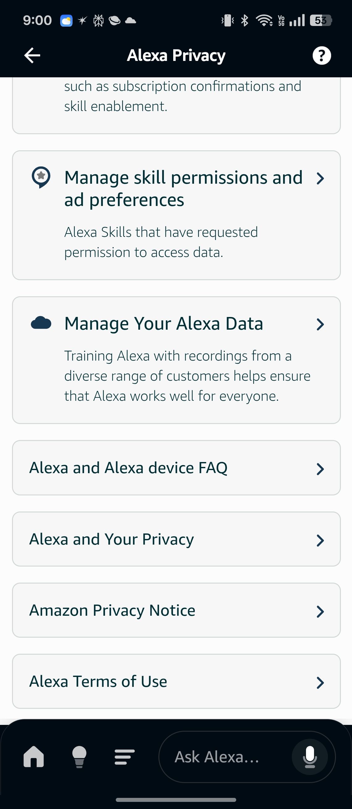 Alexa privacy settings menu showing data and permissions options