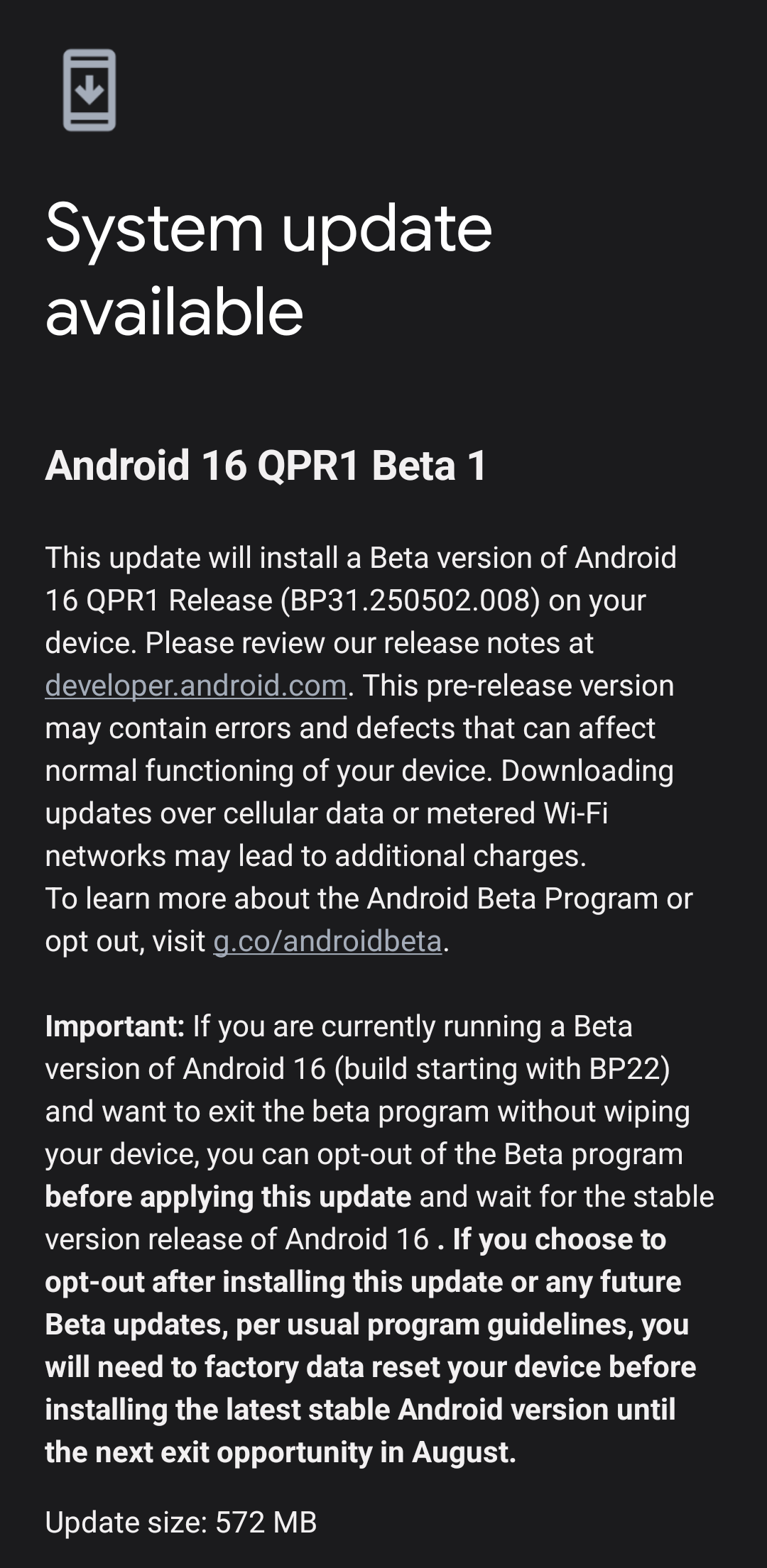 A screenshot of the Android 16 QPR1 Beta 1 update on a Pixel device.