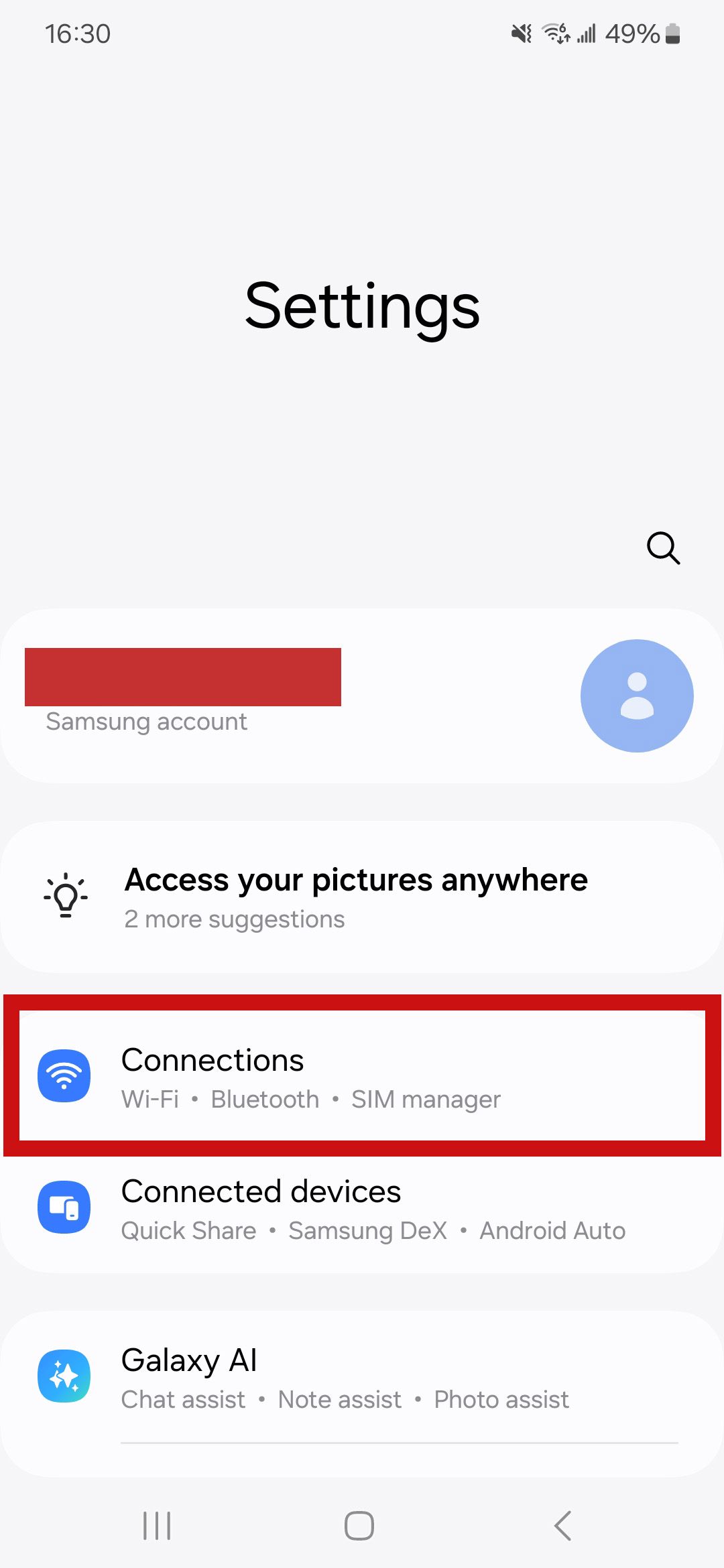 a screenshot of the android settings menu with connections in a red box