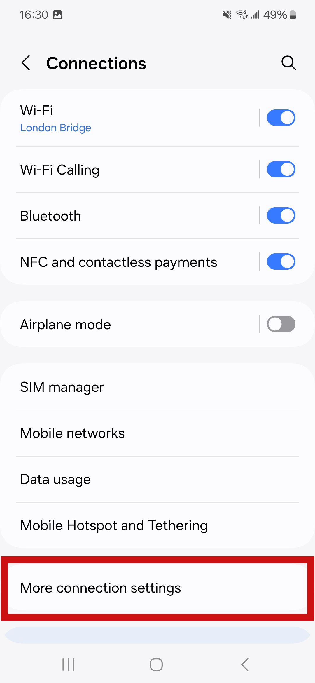 a screenshot of the Android settings screen with more connection settings highlighted