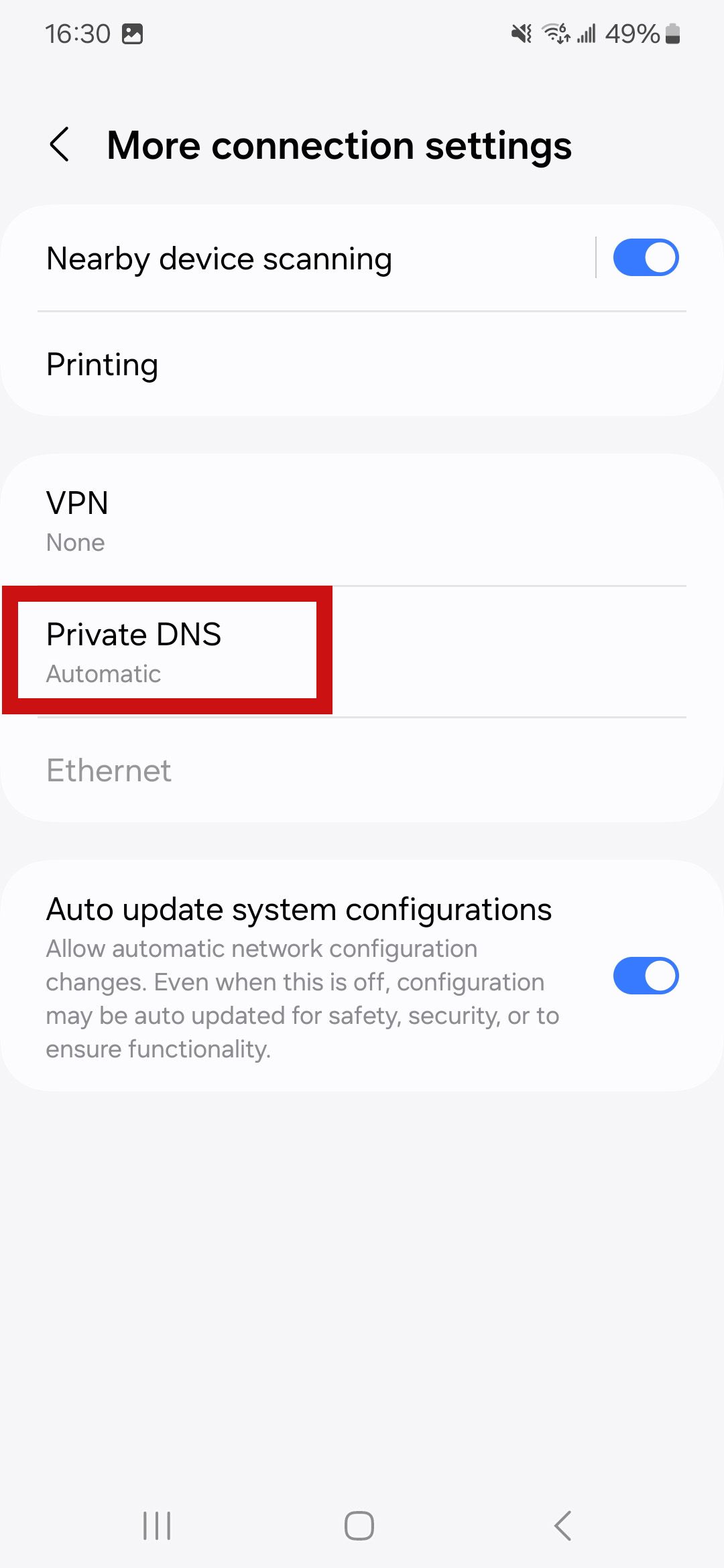 a screenshot of the Android network settings with Private DNS highlighted