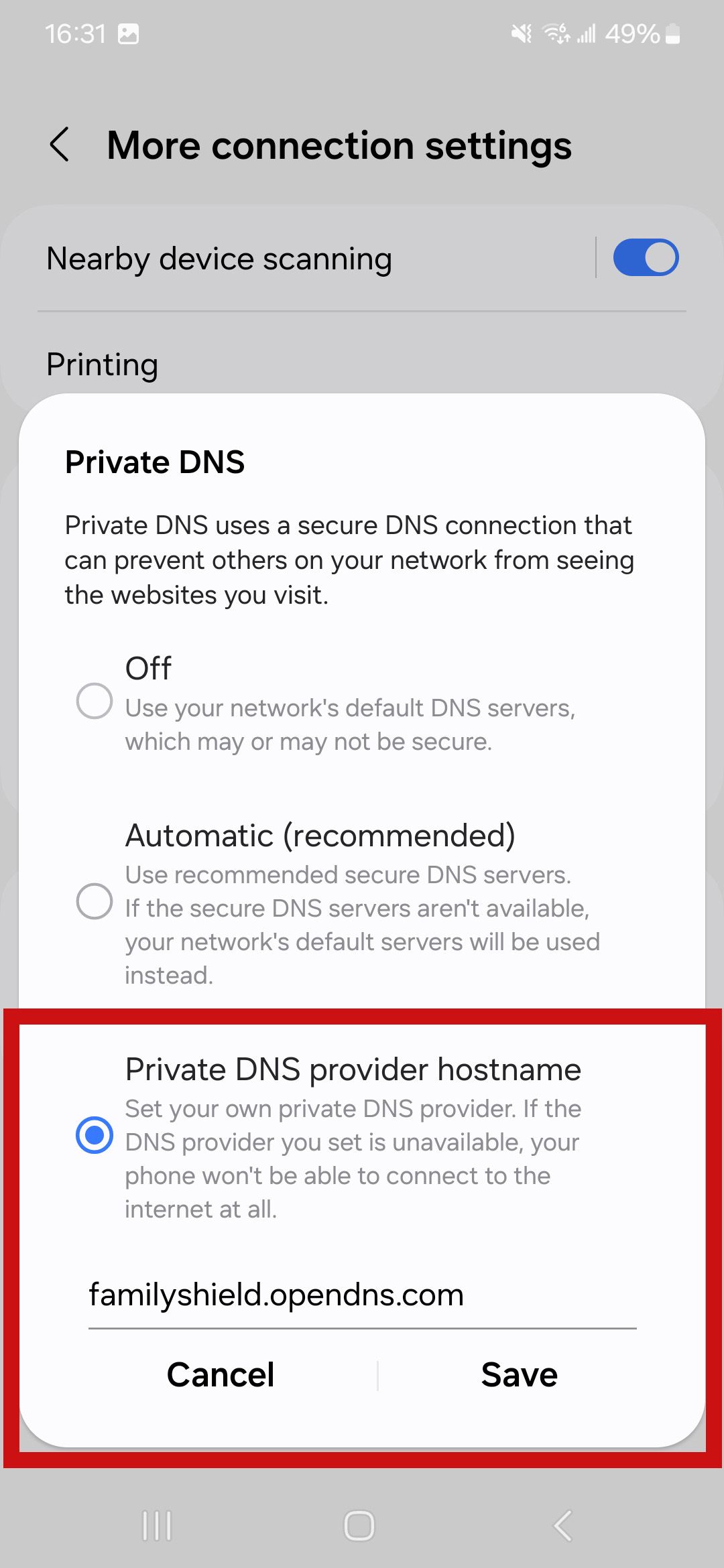 a screenshot of the android DNS settings with custom DNS set up