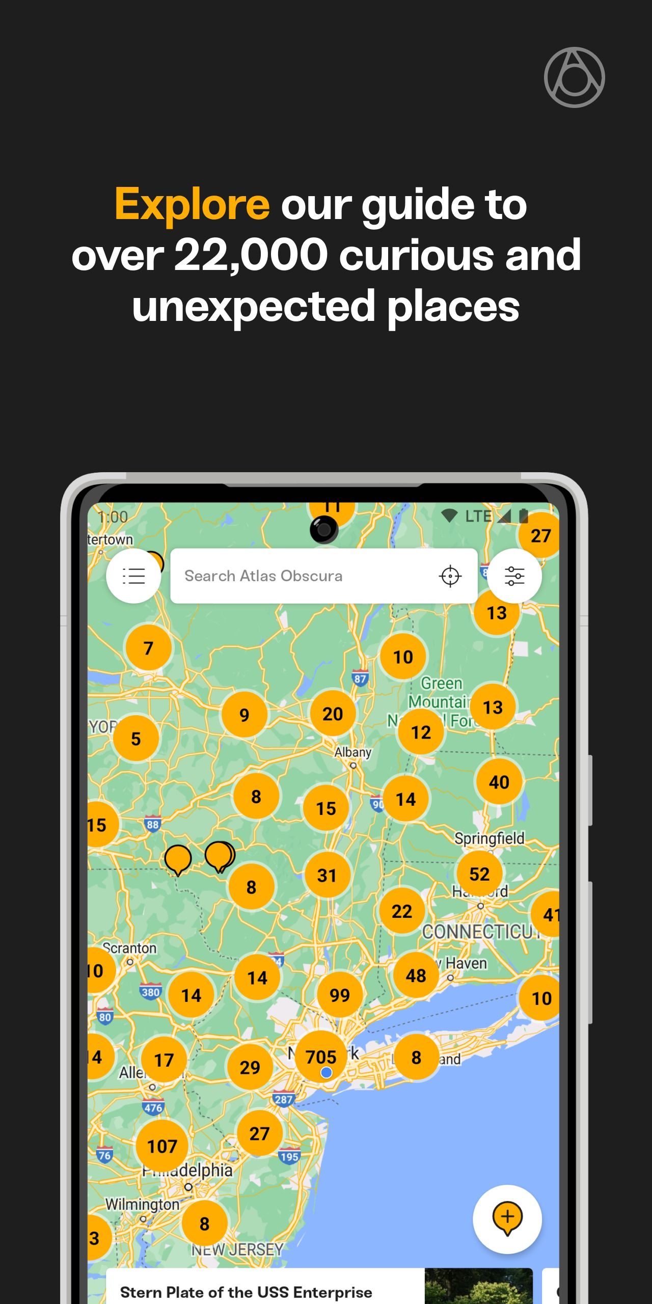yellow location pins on map of northeast US