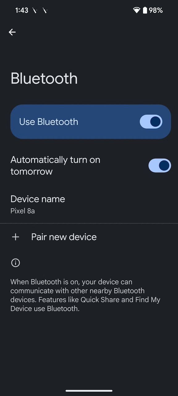 Menu showing enabled Bluetooth and automatic Bluetooth settings on Pixel UI