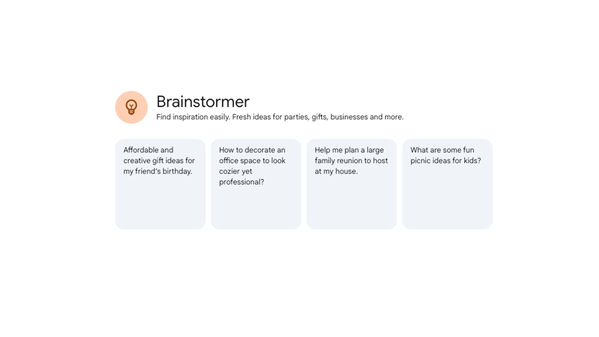 Brainstormer Gem interface showing example prompts like gift ideas, office decoration tips, family reunion planning, and kids’ picnic ideas