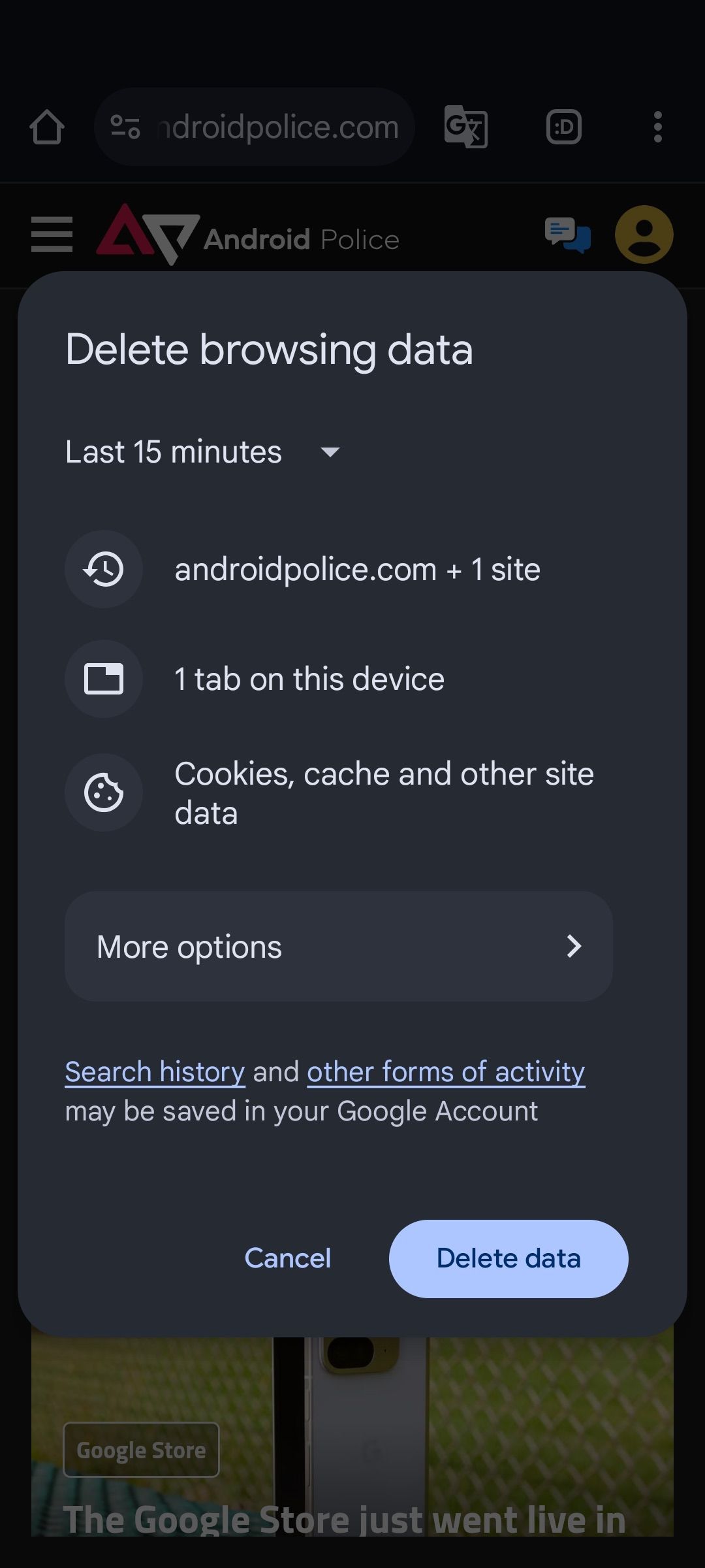 Mini tab showing options for deleting Google Chrome data within past fifteen minutes
