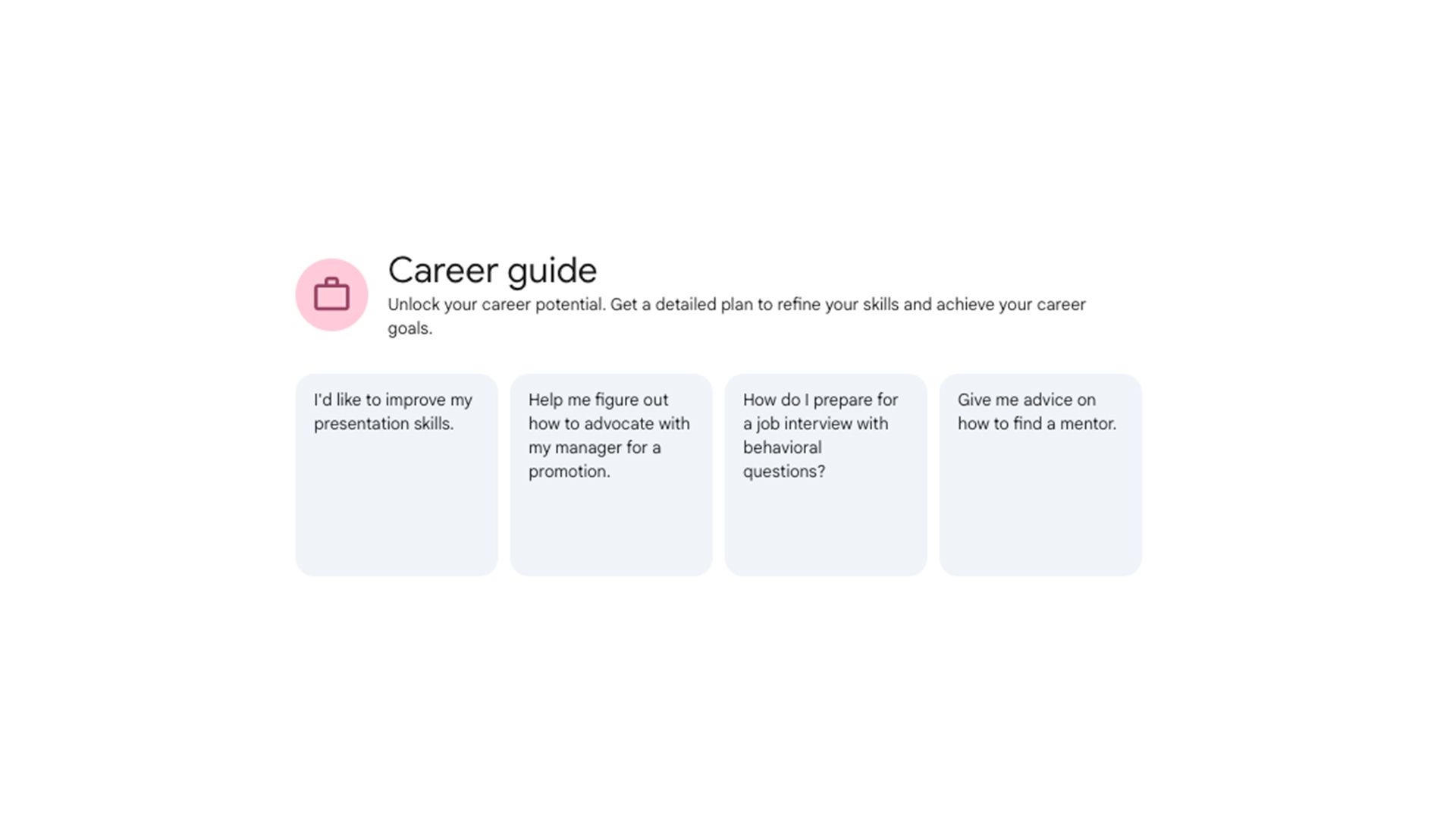 Career Guide Gem interface with example prompts including improving presentation skills, advocating for a promotion, preparing for interviews, and finding a mentor