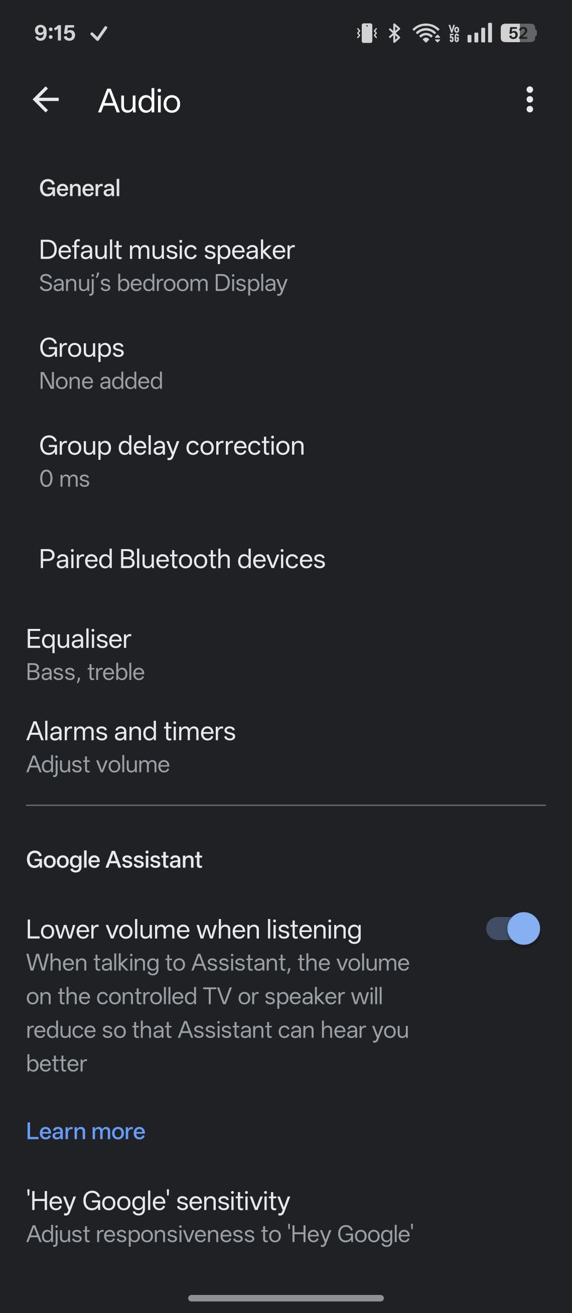 Google Nest audio settings with Assistant volume and sensitivity