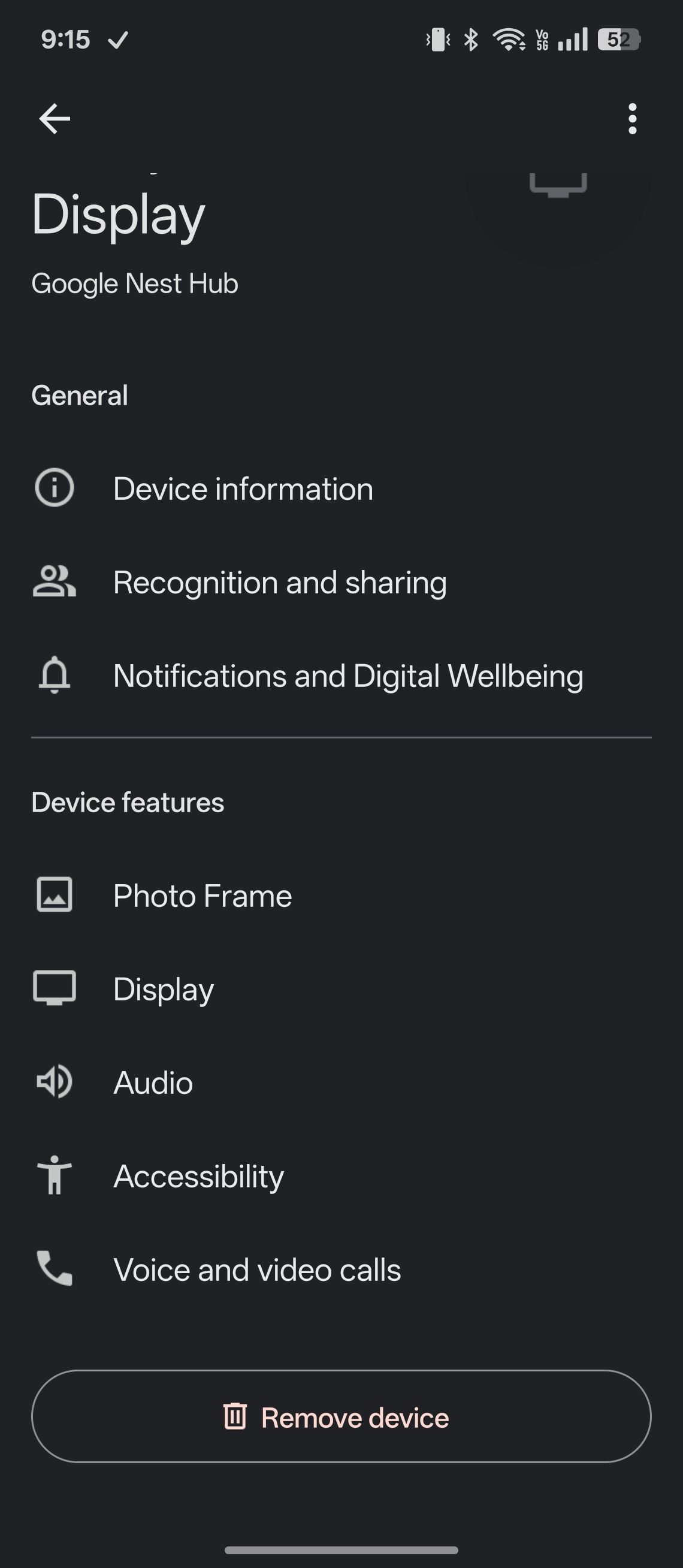 Device settings screen for Google Nest Hub display