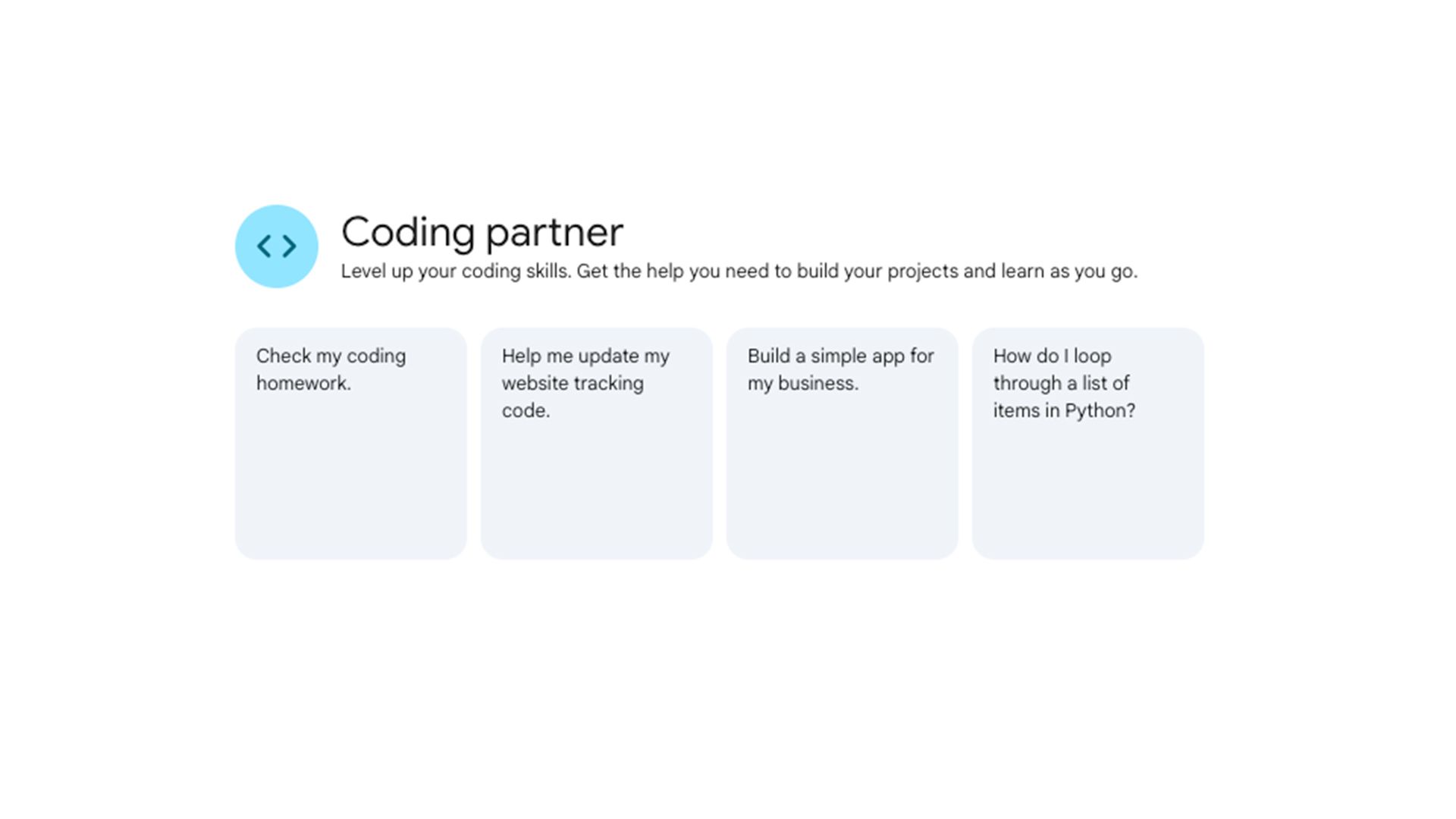 Coding Partner Gem interface displaying prompts such as checking coding homework, updating website code, building a simple app, and Python list loops