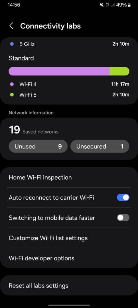 Menu showing Home Wi-Fi inspection and other connectivity options on Samsung Galaxy phone