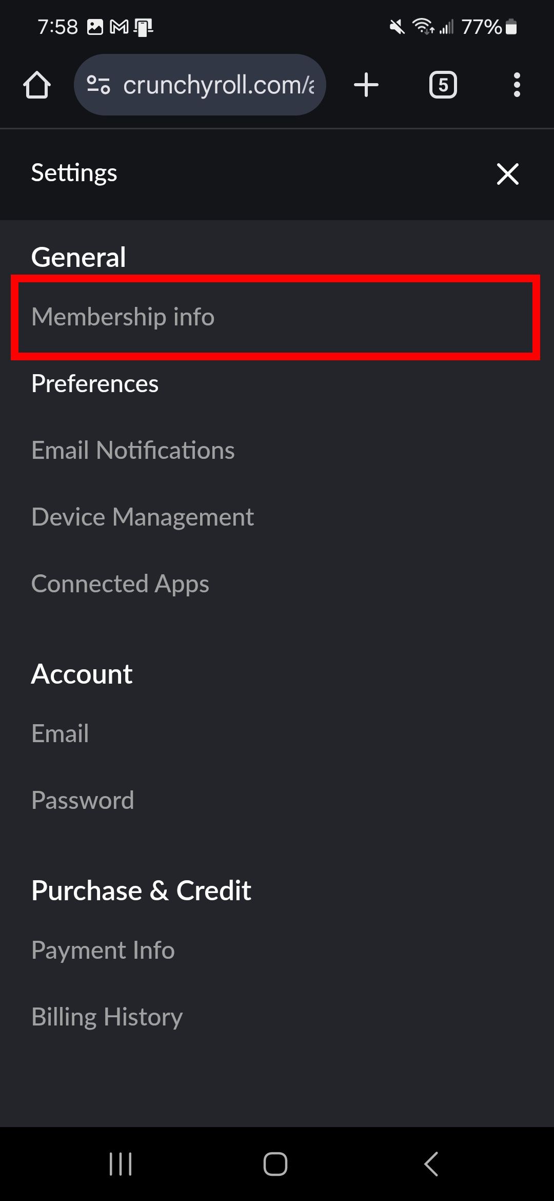 رئوس مطالب مستطیل قرمز برجسته اطلاعات عضویت در تنظیمات Crunchyroll