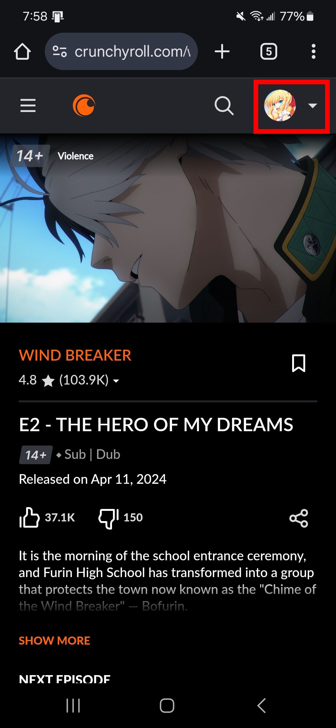 رئوس مطالب مستطیل قرمز برجسته نماد پروفایل در مرورگر موبایل Crunchyroll