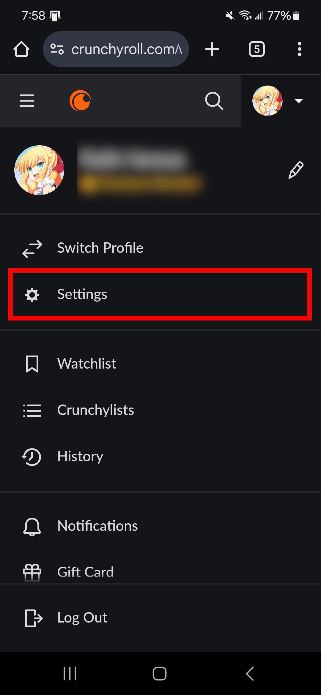 تنظیمات برجسته مستطیل قرمز در مرورگر موبایل Crunchyroll