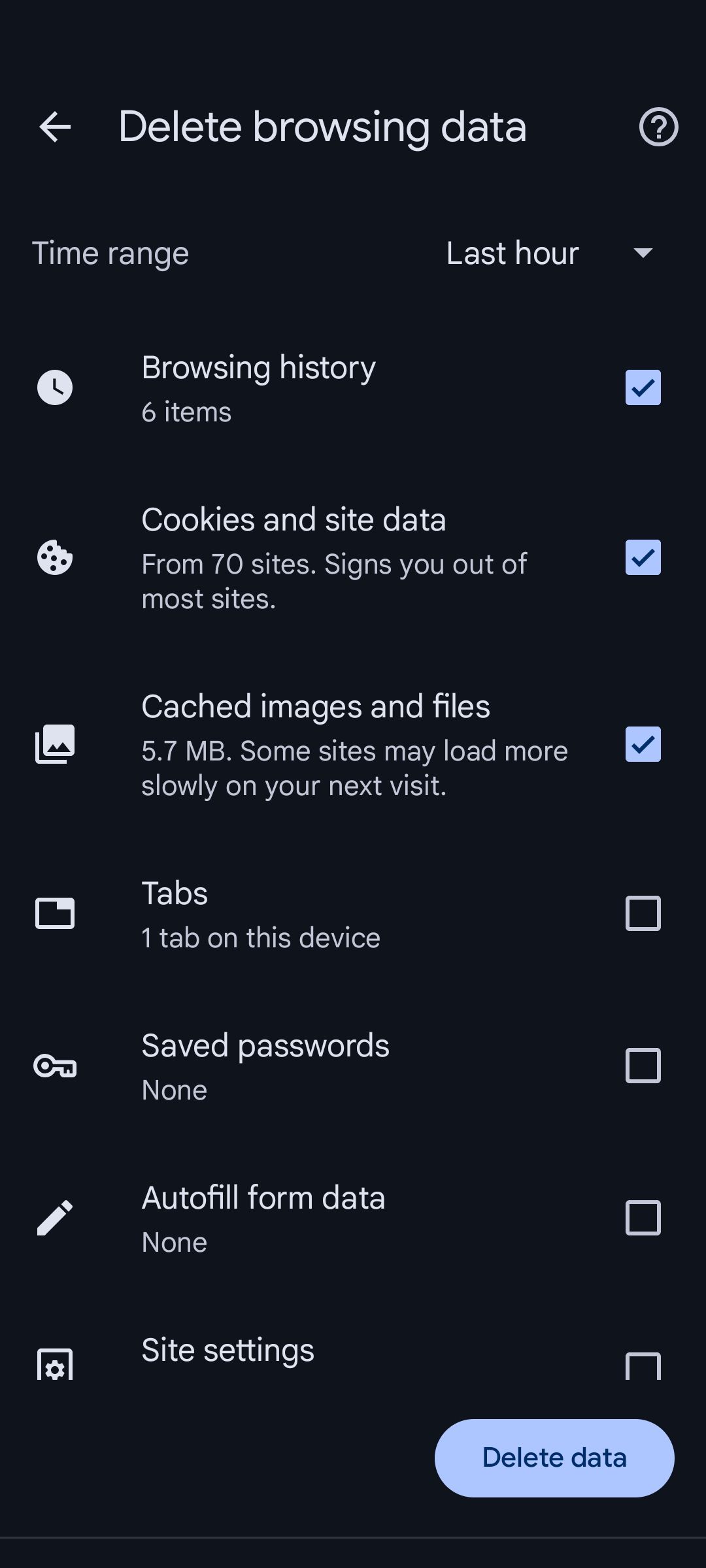Menu with options for deleting cookies and other data in Google Chrome