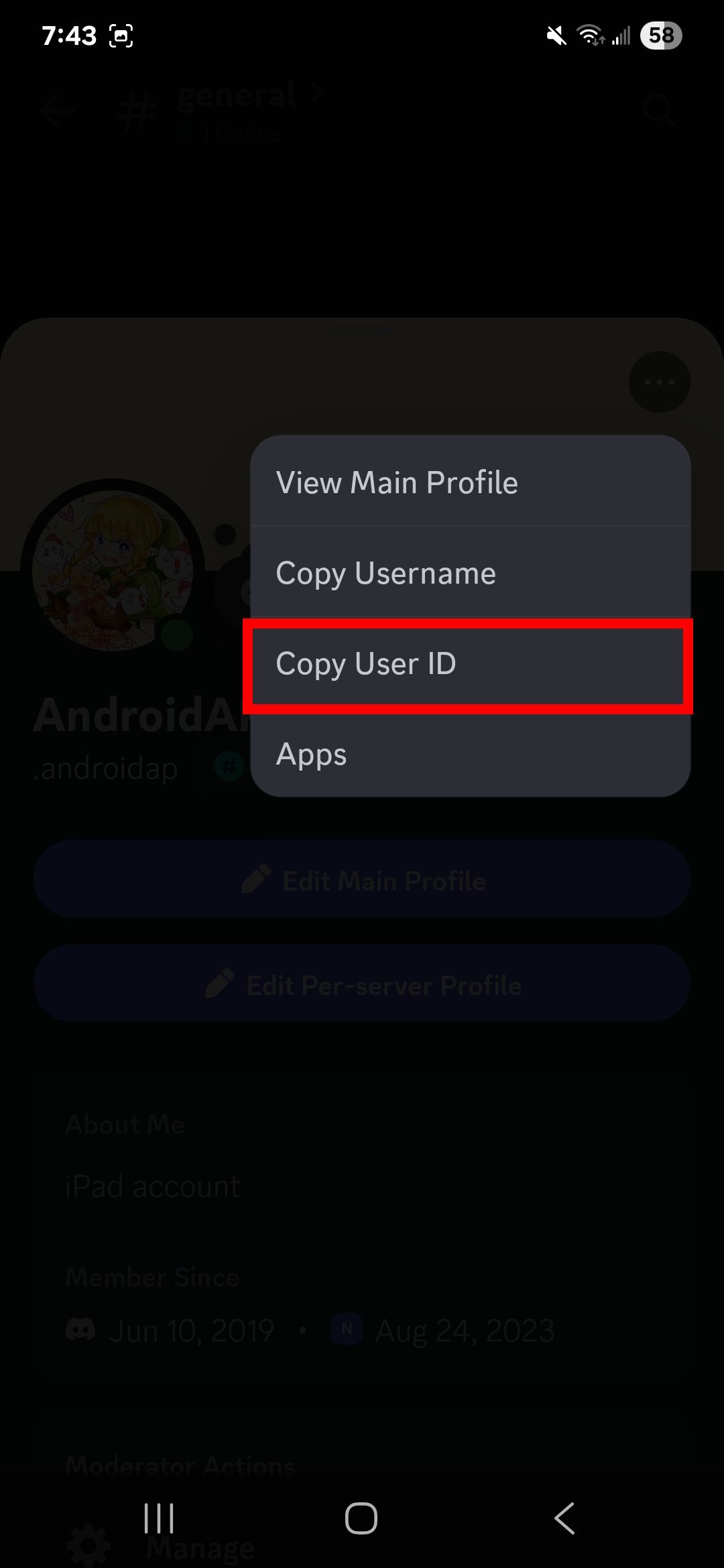Red rectangle outline highlighting Copy User ID on a Discord user's profile on Discord mobile