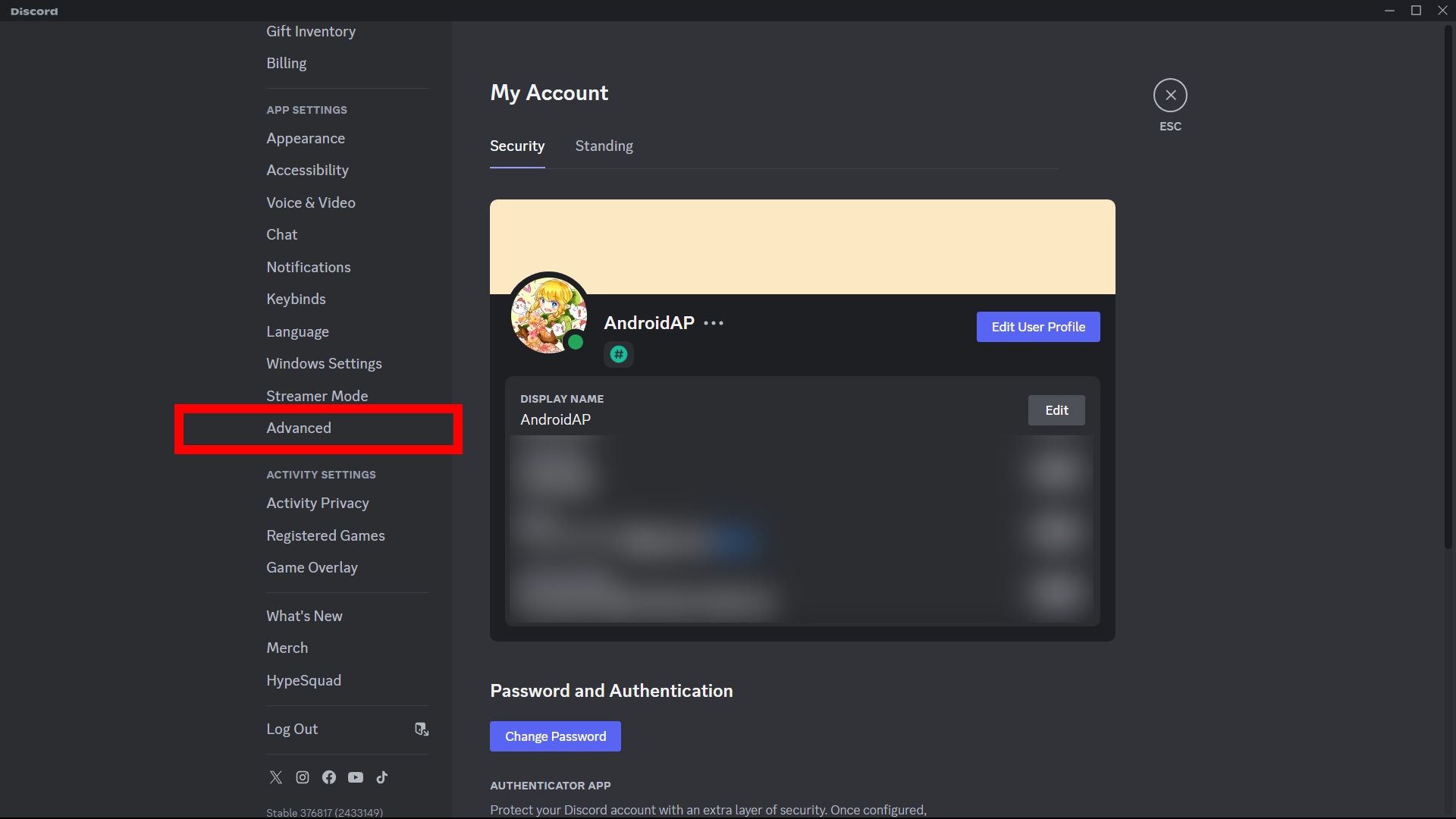 Red rectangle outline highlighting Advanced option in Discord settings on the Windows Discord desktop app