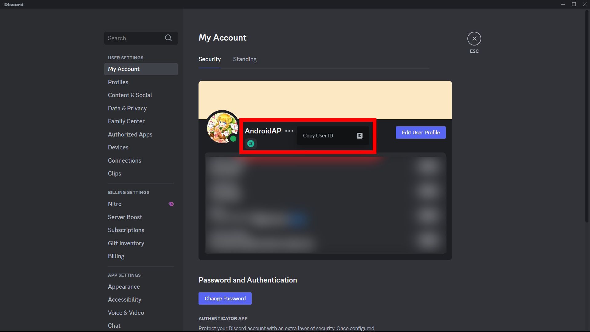 Red rectangle outline highlighting the Discord username, three-dot icon next to it and the Copy User ID option on Discord PC app