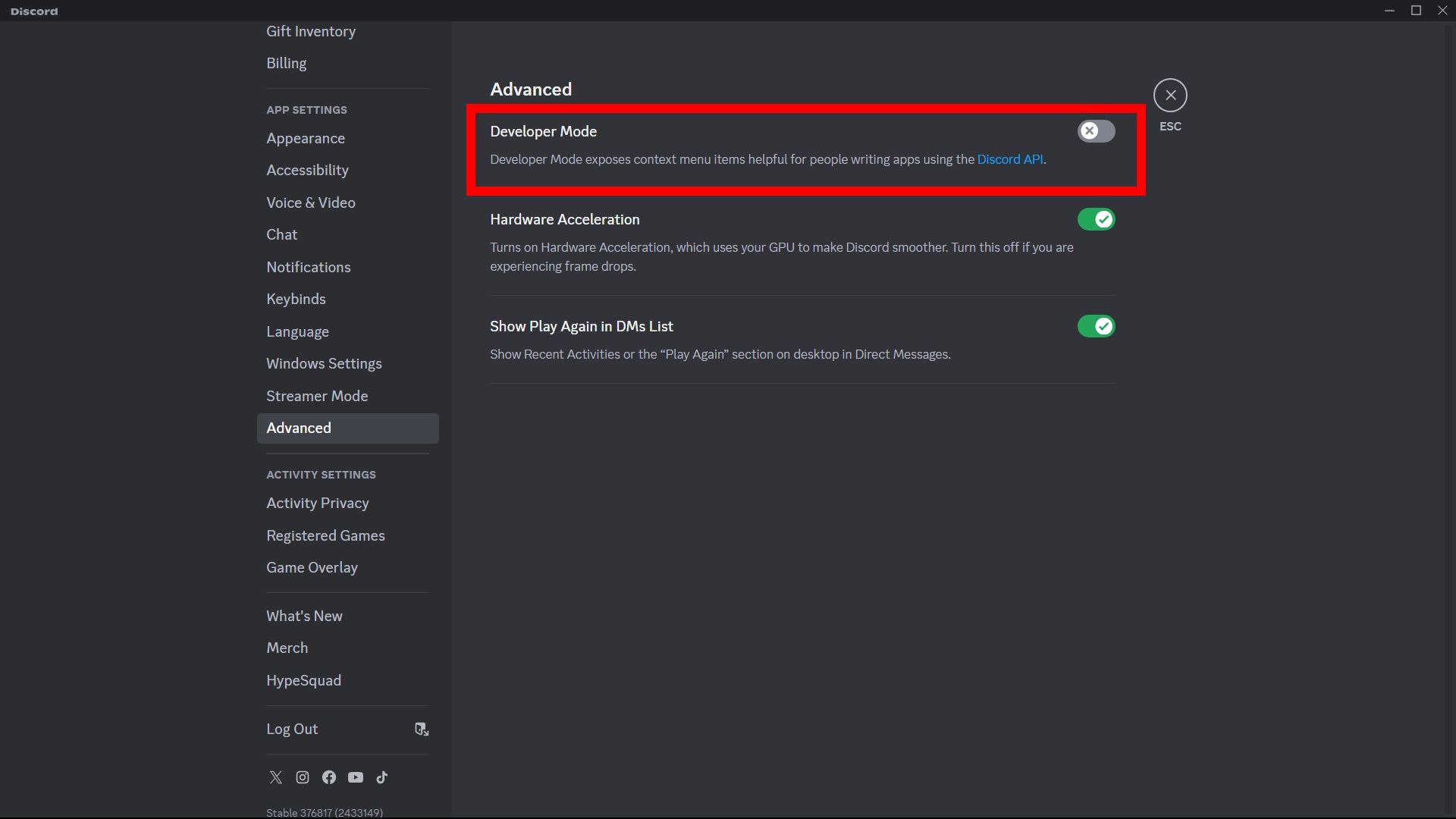 Red rectangle outline highlighting Developer Mode toggle in Advanced settings on Discord PC app