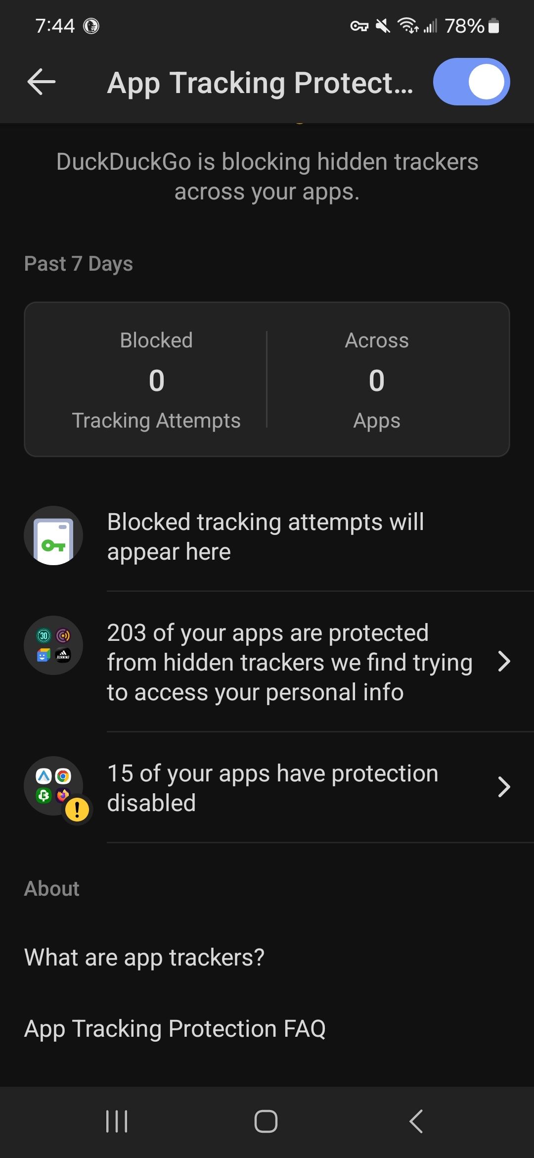 Showing the App tracking protection on with available options