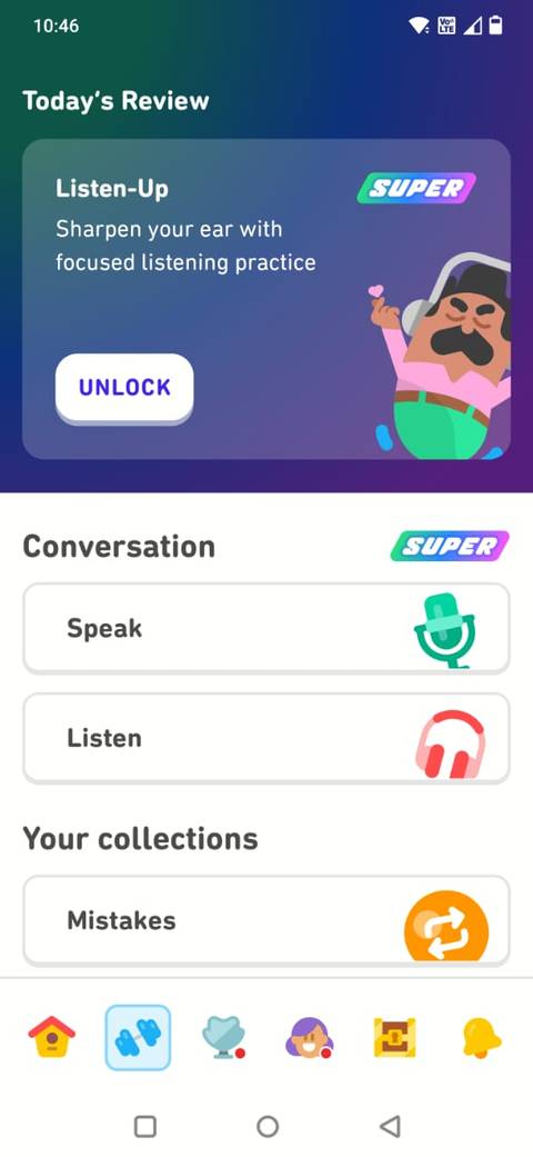 Screenshot of the Duolingo app showing the Exercises page